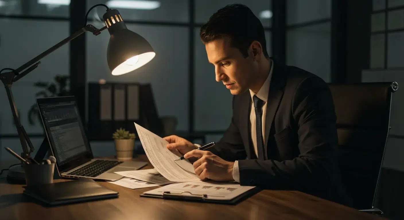 a sleek office environment features a focused professional analyzing detailed financial reports and tax documents under the warm glow of modern desk lighting, emphasizing the importance of strategic quarterly tax preparation. | Cohesion a sleek office environment features a focused professional analyzing detailed financial reports and tax documents under the warm glow of modern desk lighting, emphasizing the importance of strategic quarterly tax preparation.