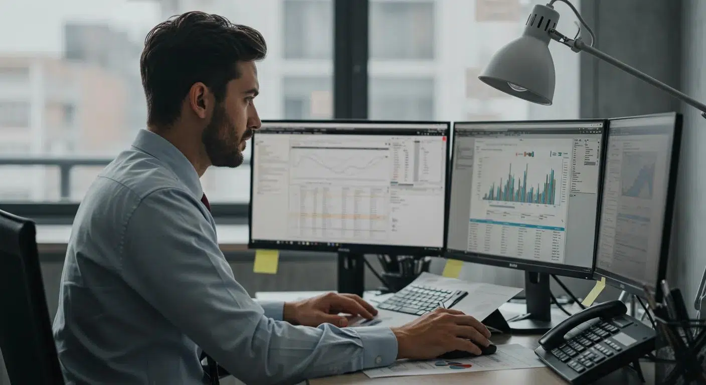 a sleek, modern office environment showcases a professional accountant deeply focused on analyzing financial data on dual monitors, with organized spreadsheets and digital tools surrounding them, symbolizing the efficiency and security of outsourced accounting for businesses. | Cohesion a sleek, modern office environment showcases a professional accountant deeply focused on analyzing financial data on dual monitors, with organized spreadsheets and digital tools surrounding them, symbolizing the efficiency and security of outsourced accounting for businesses.