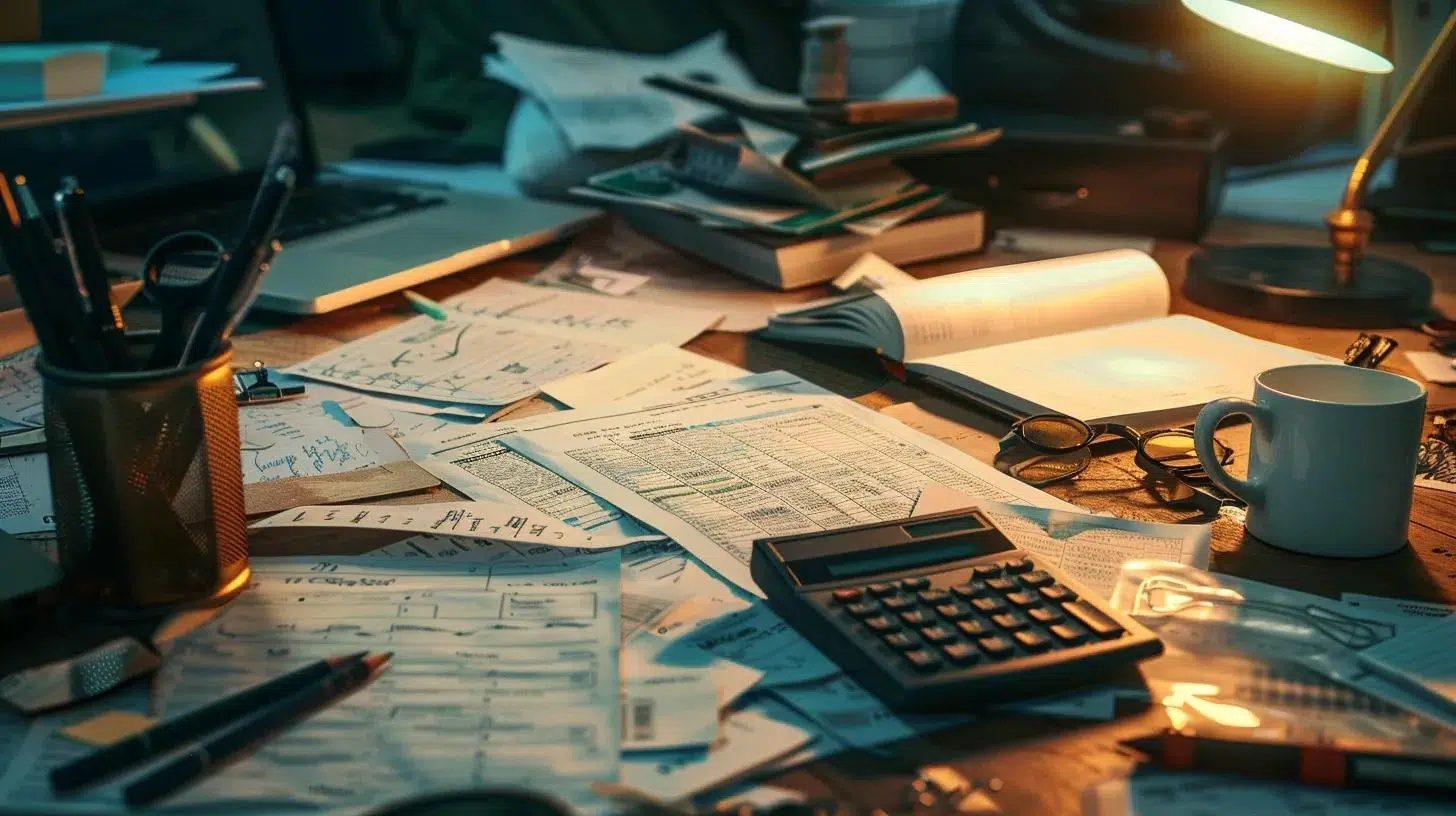 a cluttered office desk filled with overdue tax documents and a calculator, illuminated by harsh overhead lighting, captures the urgency and stress of navigating late filings and their financial repercussions for small businesses. | Cohesion a cluttered office desk filled with overdue tax documents and a calculator, illuminated by harsh overhead lighting, captures the urgency and stress of navigating late filings and their financial repercussions for small businesses.