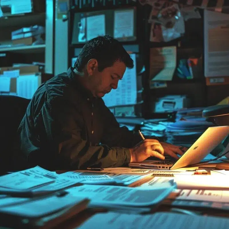 a focused office setting features a cluttered desk with tax documents and a stressed small business owner reviewing spreadsheets, illuminated by harsh fluorescent lighting that highlights the chaos of tax preparation pitfalls.