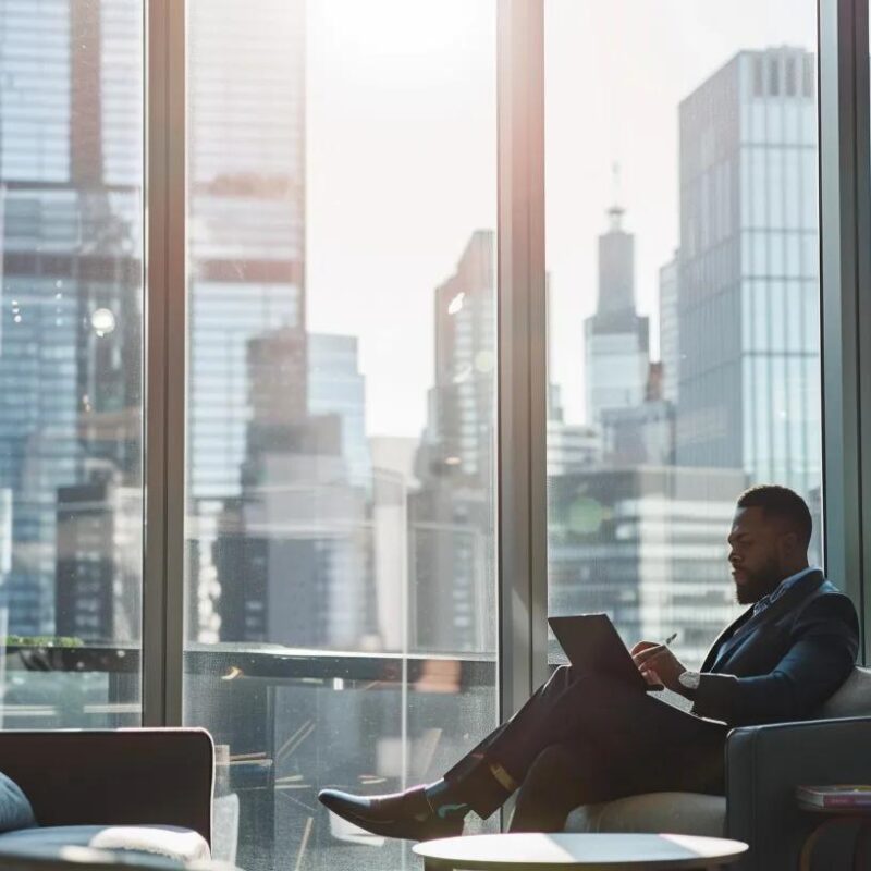 a modern, sleek office space buzzes with energy as a confident fractional cfo analyzes financial strategies on a crisp digital tablet, framed by large windows showcasing an urban skyline, capturing the essence of remote-first innovation.