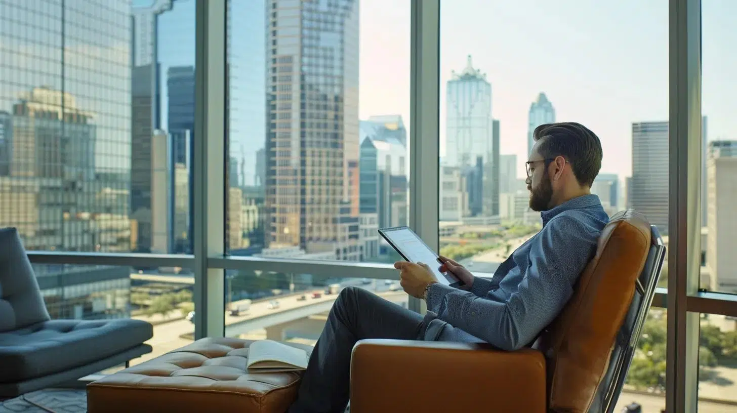 a sleek, modern office space in dallas featuring a focused accountant reviewing financial documents on a digital tablet, with cityscape views through large windows, symbolizing personalized financial guidance for small businesses. | Cohesion a sleek, modern office space in dallas featuring a focused accountant reviewing financial documents on a digital tablet, with cityscape views through large windows, symbolizing personalized financial guidance for small businesses.