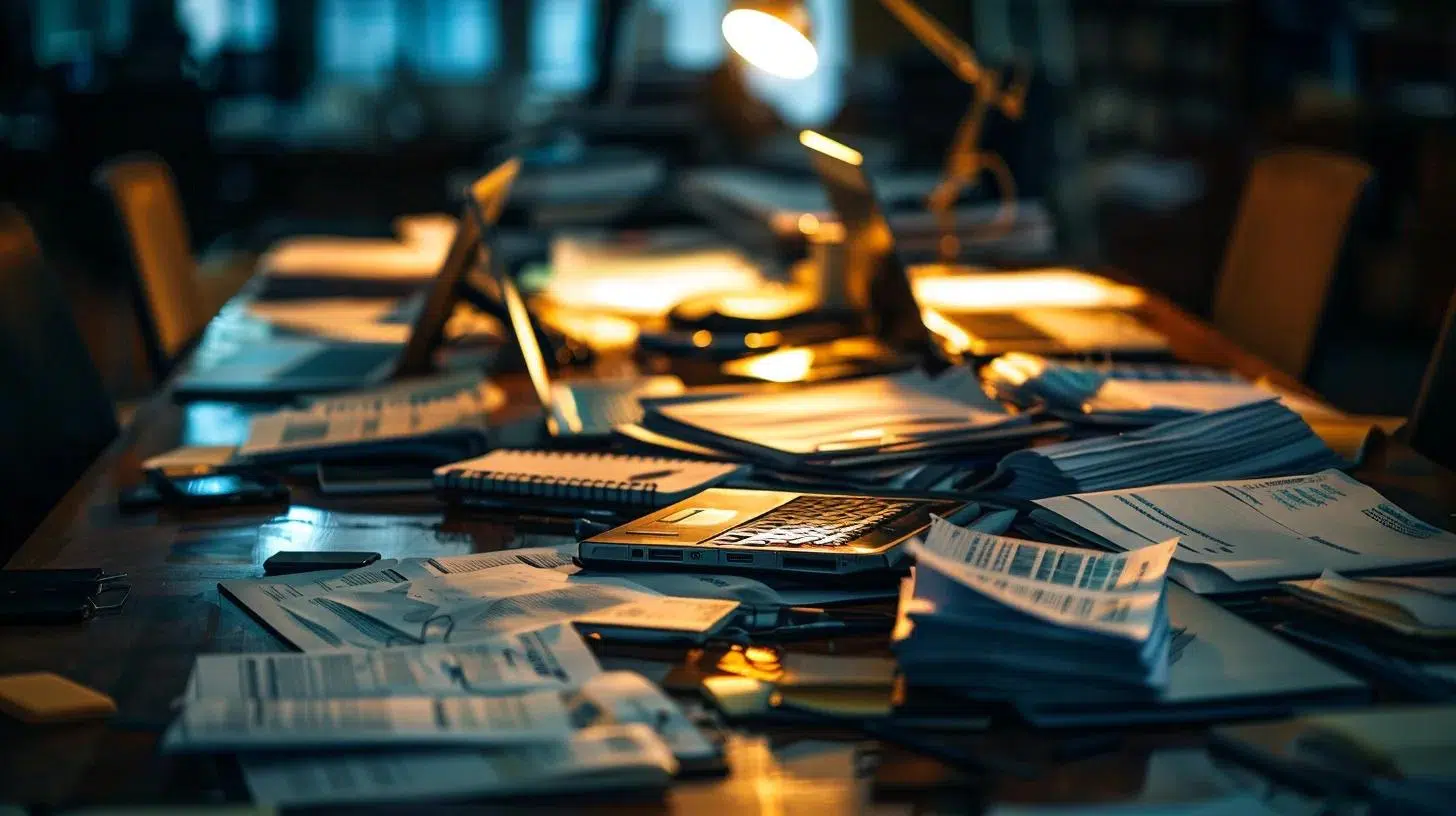a close-up of a conference room table cluttered with disorganized financial reports and laptops, illuminated by harsh overhead lighting, emphasizing the chaos and urgency of a delayed monthly close process. | Cohesion a close-up of a conference room table cluttered with disorganized financial reports and laptops, illuminated by harsh overhead lighting, emphasizing the chaos and urgency of a delayed monthly close process.