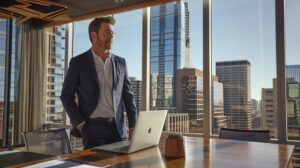 a confident fractional cfo stands in a modern dallas office, analyzing complex sales tax documents on a laptop, surrounded by sleek furniture and urban skyline elements that highlight the intricacies of local tax regulations.