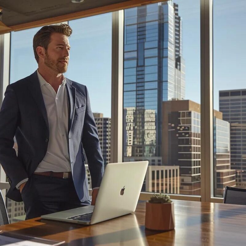 a confident fractional cfo stands in a modern dallas office, analyzing complex sales tax documents on a laptop, surrounded by sleek furniture and urban skyline elements that highlight the intricacies of local tax regulations.