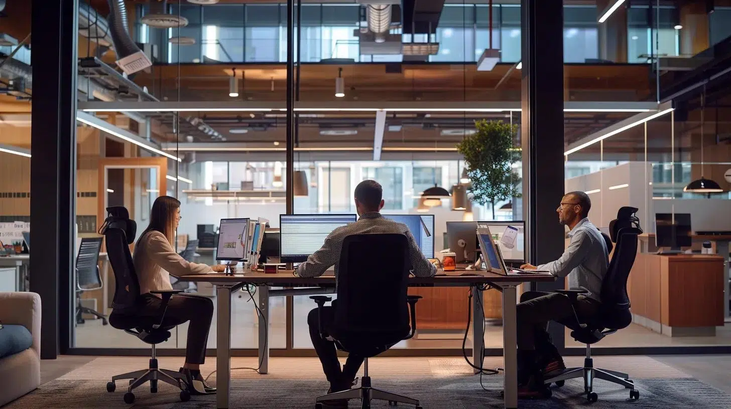 a dynamic office environment showcases three dedicated professionals at distinct workstations, where a bookkeeper meticulously records transactions, a controller analyzes financial statements on a sleek monitor, and a cfo strategizes budget plans, all under the glow of modern, focused workspace lighting.