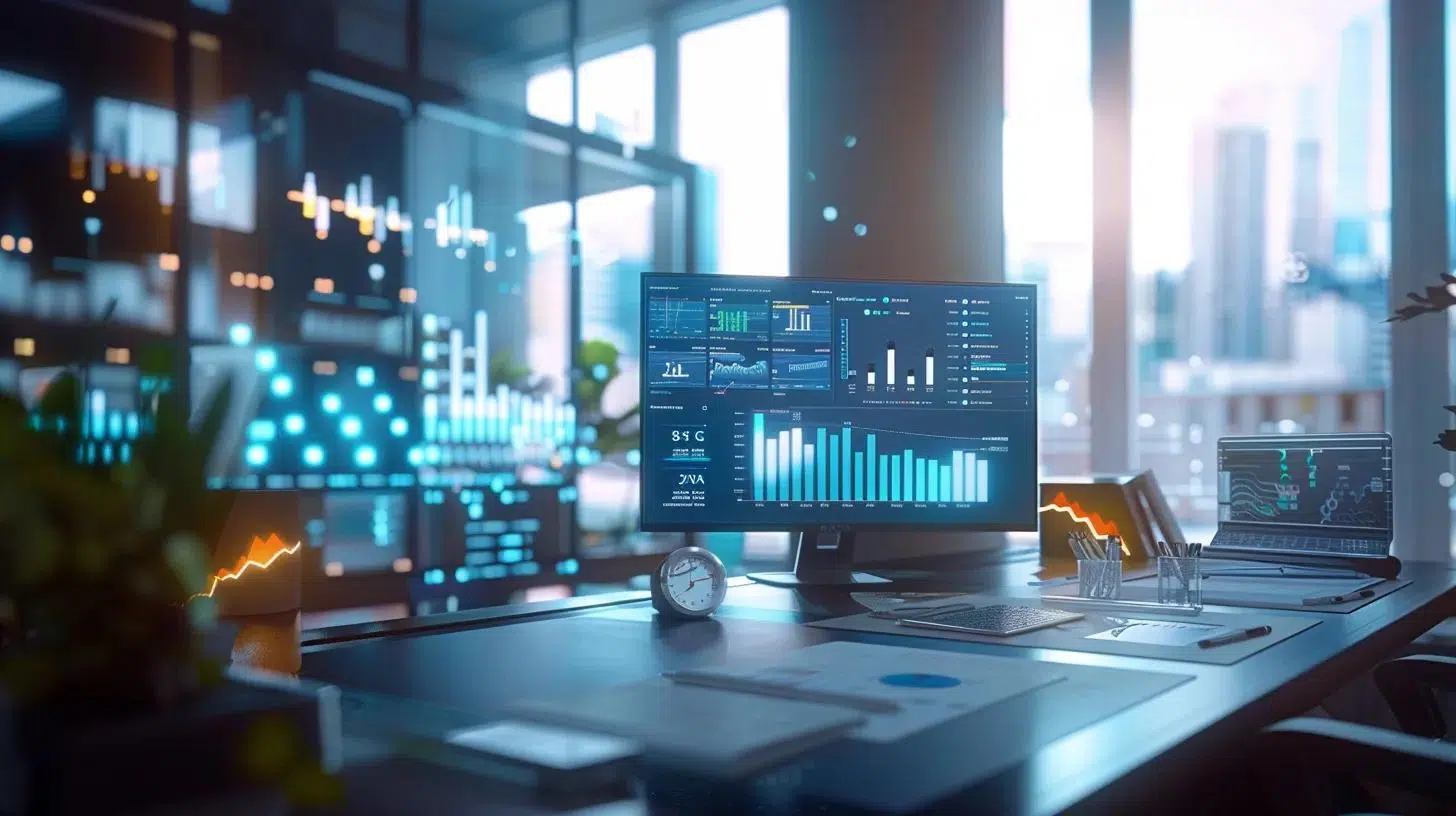 a dynamic office setting showcases a focused fractional cfo, surrounded by analytic graphs and digital reports, demonstrating strategic financial planning to alleviate cash flow bottlenecks.