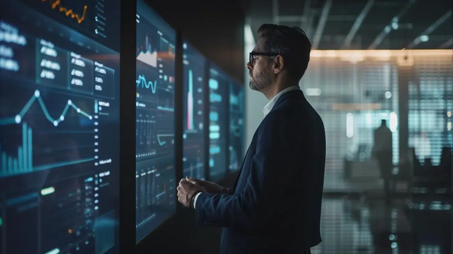 a focused cfo stands in a sleek, modern office, intently analyzing dynamic data visualizations on a large digital screen, symbolizing the pivotal role of data-driven insights in optimizing business models. | Cohesion a focused cfo stands in a sleek, modern office, intently analyzing dynamic data visualizations on a large digital screen, symbolizing the pivotal role of data-driven insights in optimizing business models.