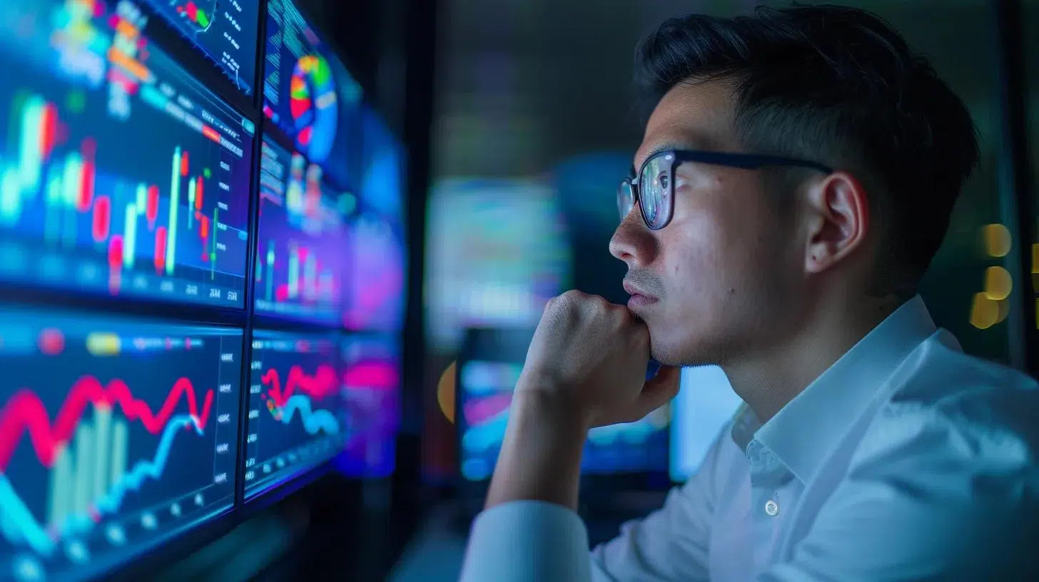 a focused cfo, surrounded by sleek modern office decor, intently reviews financial charts and graphs on a large digital screen, symbolizing the strategic analysis of capital allocation driving business model efficiency. | Cohesion a focused cfo, surrounded by sleek modern office decor, intently reviews financial charts and graphs on a large digital screen, symbolizing the strategic analysis of capital allocation driving business model efficiency.