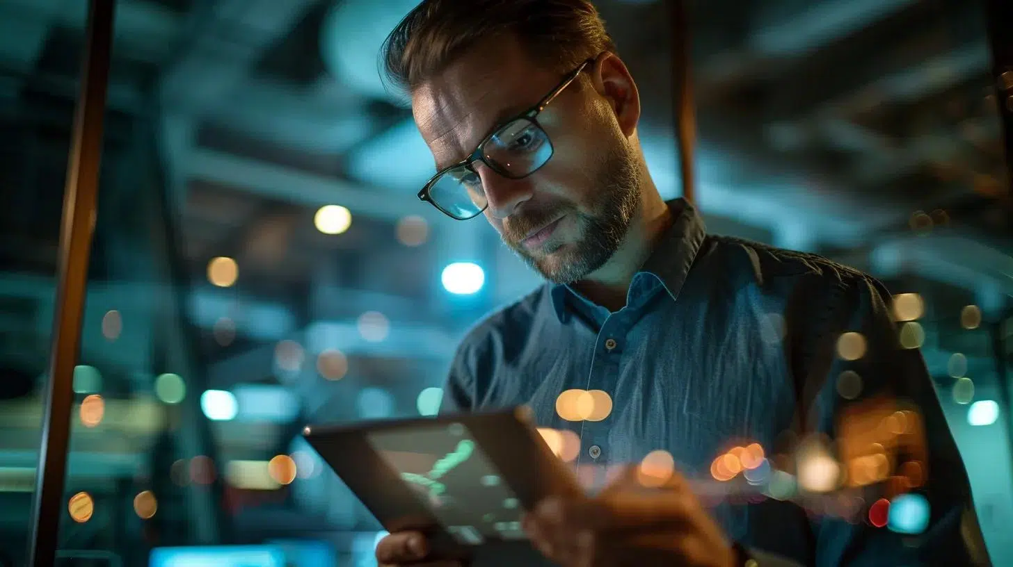 a focused entrepreneur analyzes intricate financial projections on a sleek digital tablet within a modern, bustling office, symbolizing the strategic foresight crucial for sustainable business growth. | Cohesion a focused entrepreneur analyzes intricate financial projections on a sleek digital tablet within a modern, bustling office, symbolizing the strategic foresight crucial for sustainable business growth.