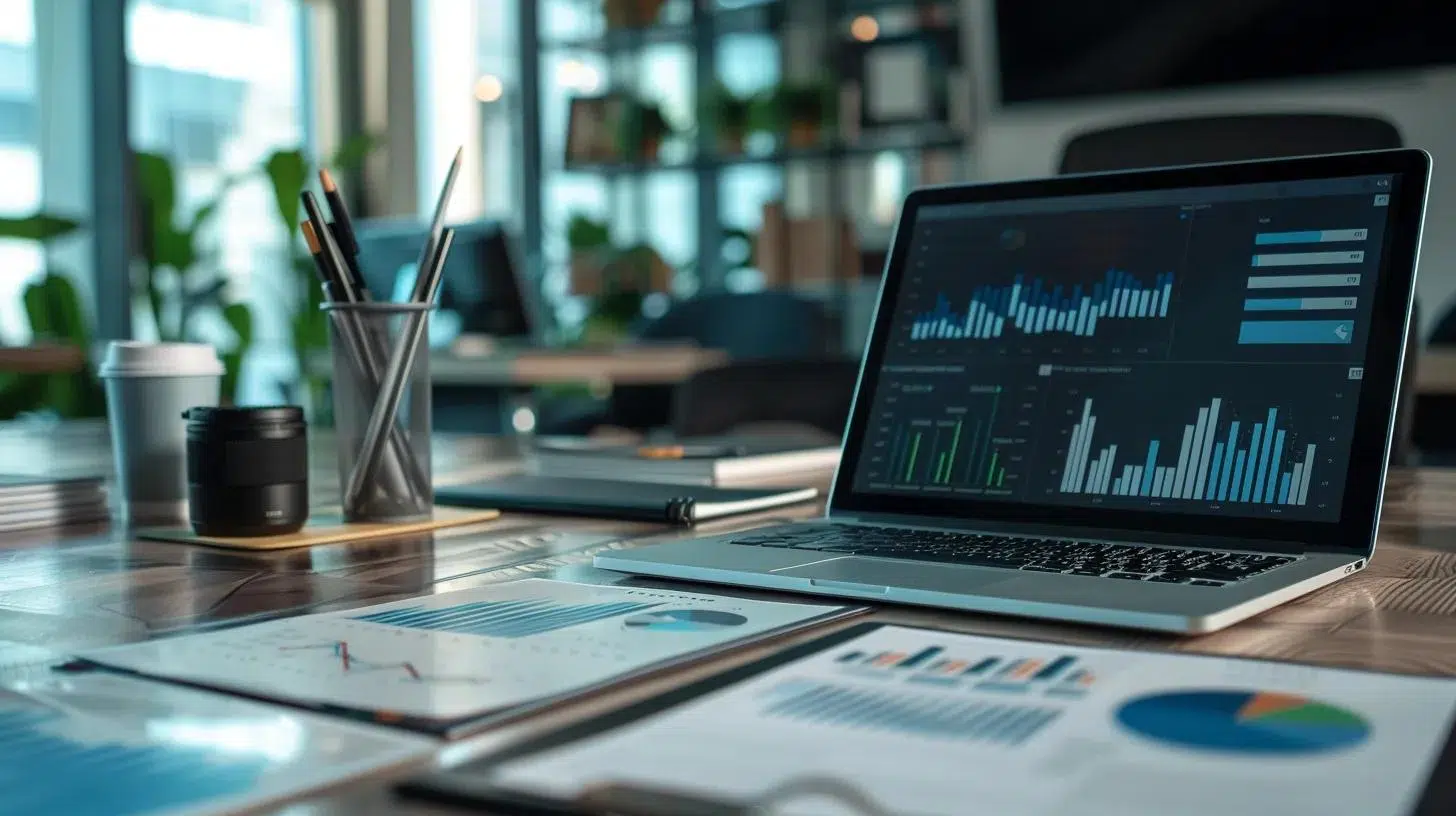 a focused, modern office scene shows a professional fractional cfo analyzing charts and reports on a sleek laptop, with a backdrop of industry-specific tax documents spread across a contemporary conference table, embodying the complexities of sales tax challenges faced by different sectors in dallas.