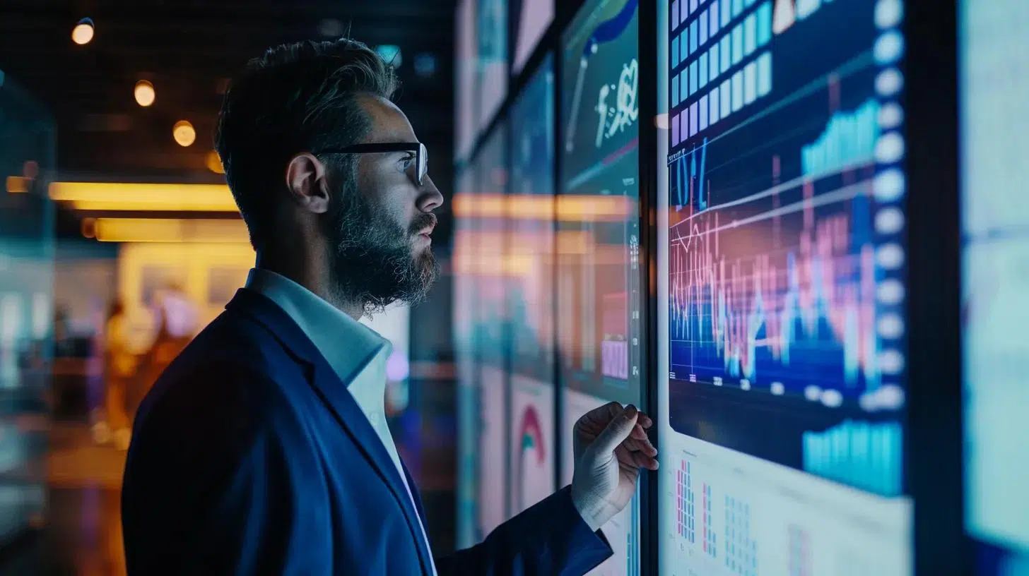 a modern office space features a focused business professional examining financial graphs on a large screen, embodying the strategic insights and flexible support of fractional cfo services for growing companies. | Cohesion a modern office space features a focused business professional examining financial graphs on a large screen, embodying the strategic insights and flexible support of fractional cfo services for growing companies.