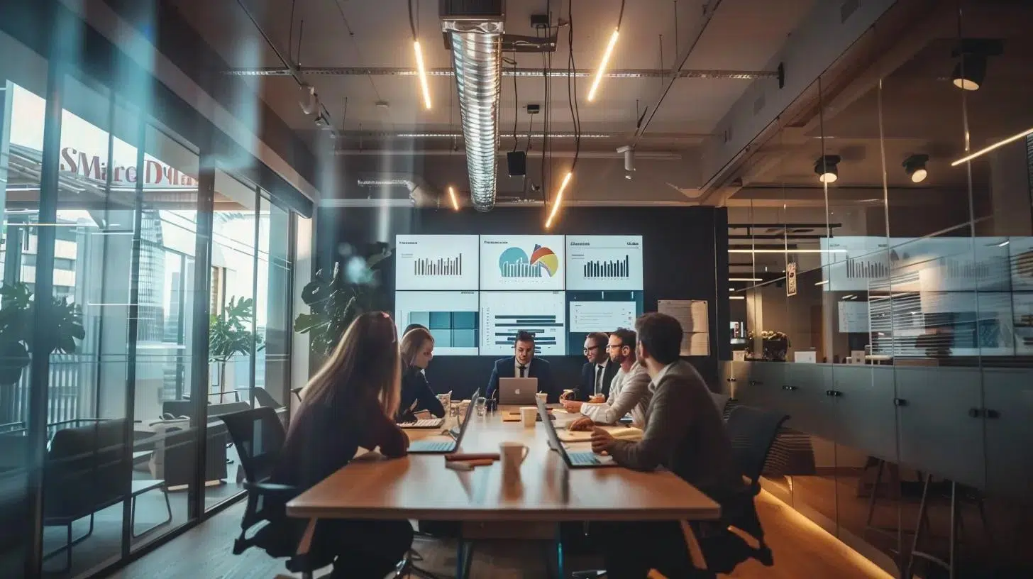 a modern office space features a large conference table surrounded by professionals engaged in a dynamic discussion about selecting innovative accounting software, with digital screens displaying app interfaces and graphs highlighting scalability options.