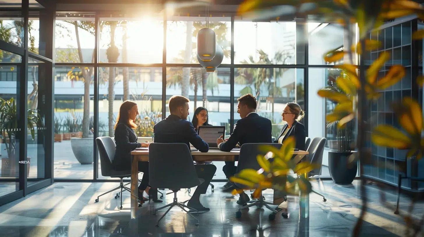 a modern office space showcases a focused business meeting, with professionals gathered around a sleek conference table, analyzing financial documents and charts that illustrate the impact of proactive tax planning on their service-based business's growth and cash flow management.