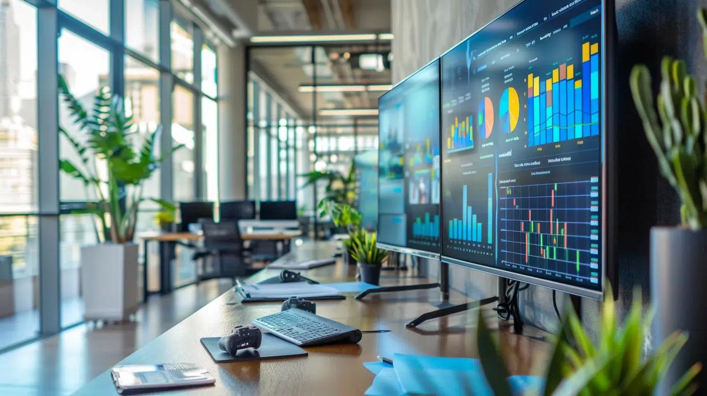 a modern startup office features sleek, minimalist workstations with large screens displaying colorful financial dashboards and graphs, capturing the dynamic essence of budgeting and forecasting in a high-tech environment.