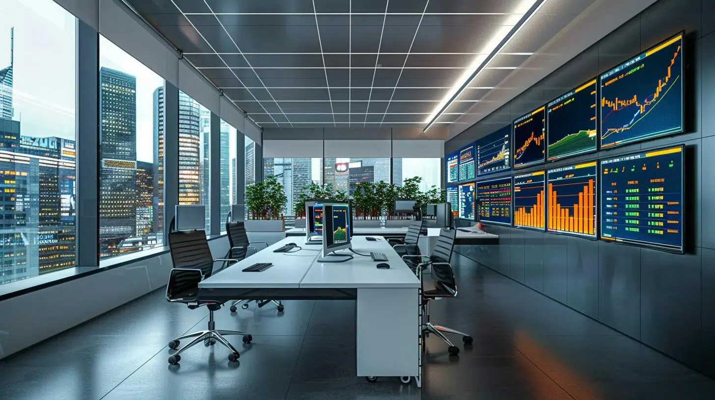 a sleek, modern office filled with high-tech screens displaying real-time financial data and automated processes, illustrating the efficiency and clarity brought by financial automation in reducing monthly close delays. | Cohesion a sleek, modern office filled with high-tech screens displaying real-time financial data and automated processes, illustrating the efficiency and clarity brought by financial automation in reducing monthly close delays.