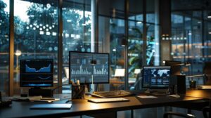 a sleek, modern office filled with high-tech computers and charts on screens illustrates a determined entrepreneur examining advanced software solutions, portraying the struggle of outgrowing entry-level accounting tools.