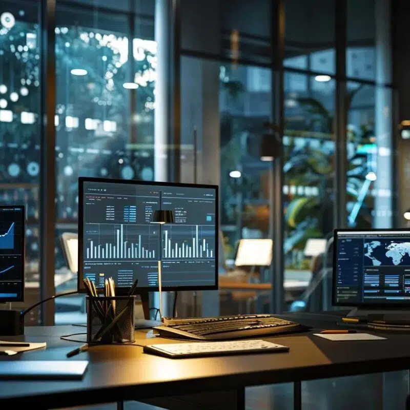 a sleek, modern office filled with high-tech computers and charts on screens illustrates a determined entrepreneur examining advanced software solutions, portraying the struggle of outgrowing entry-level accounting tools.