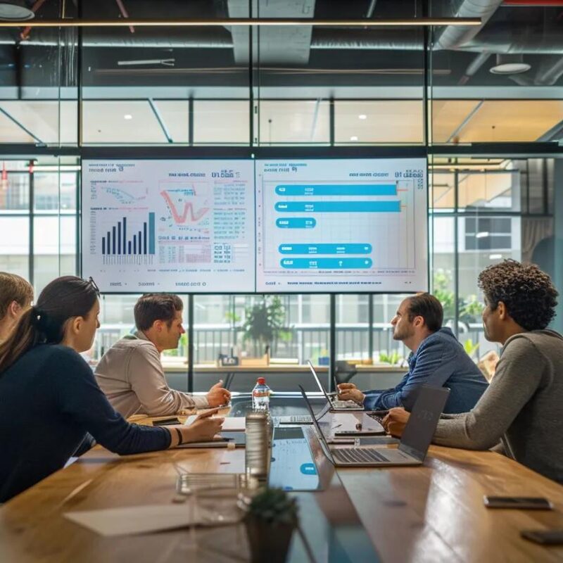 a sleek, modern office space displays a focused team engrossed in a strategic meeting, with a large screen showcasing a graph of declining productivity due to monthly close delays, emphasizing the urgency and impact on business performance.
