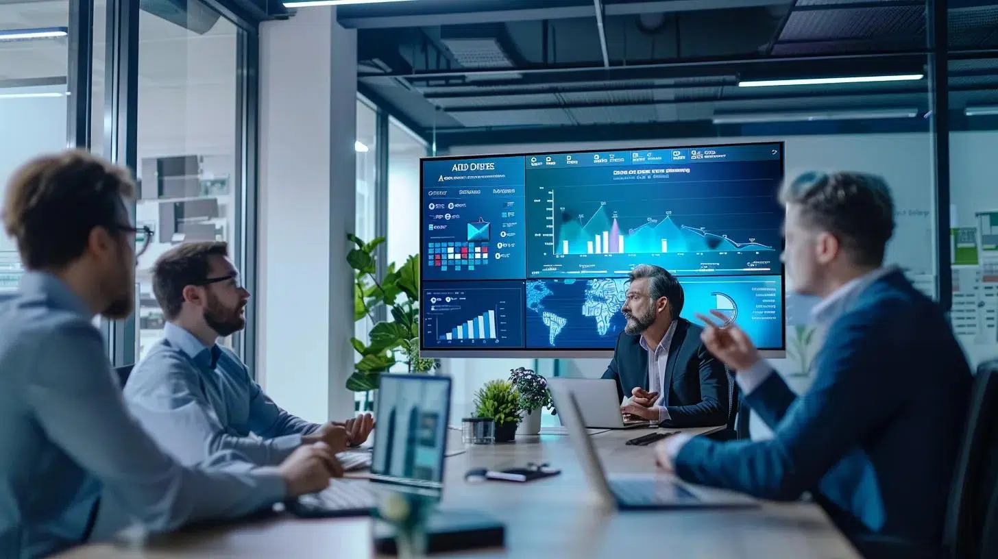 a sleek, modern office workspace showcases a diverse team engaged in a collaborative discussion around a large digital screen displaying financial software alternatives, highlighting the dynamic and innovative solutions for growing businesses.