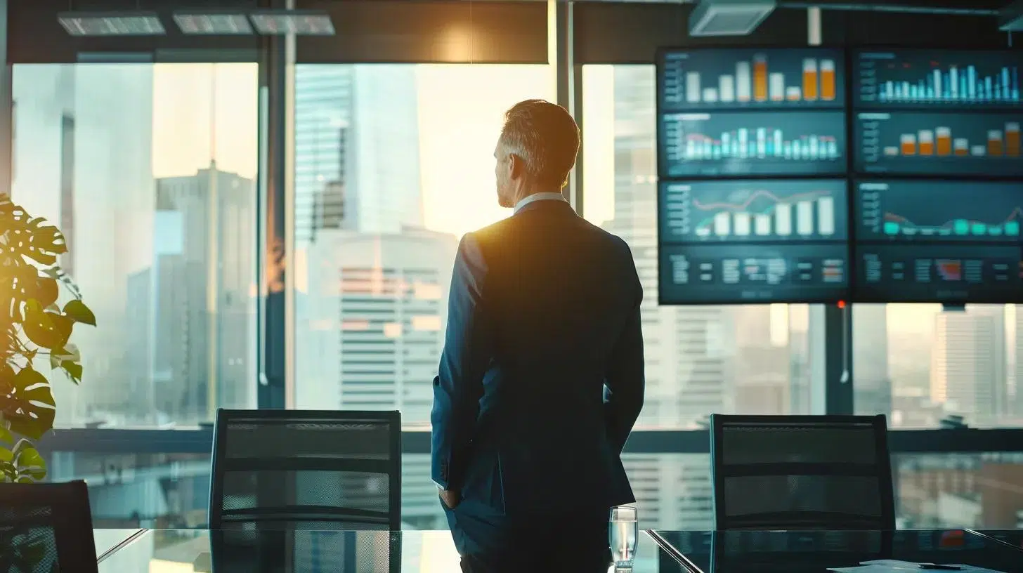 a well-dressed fractional cfo confidently presents a dynamic financial dashboard in a sleek, modern dallas office, surrounded by analytical charts and projections that illustrate strategic insights for local business owners.