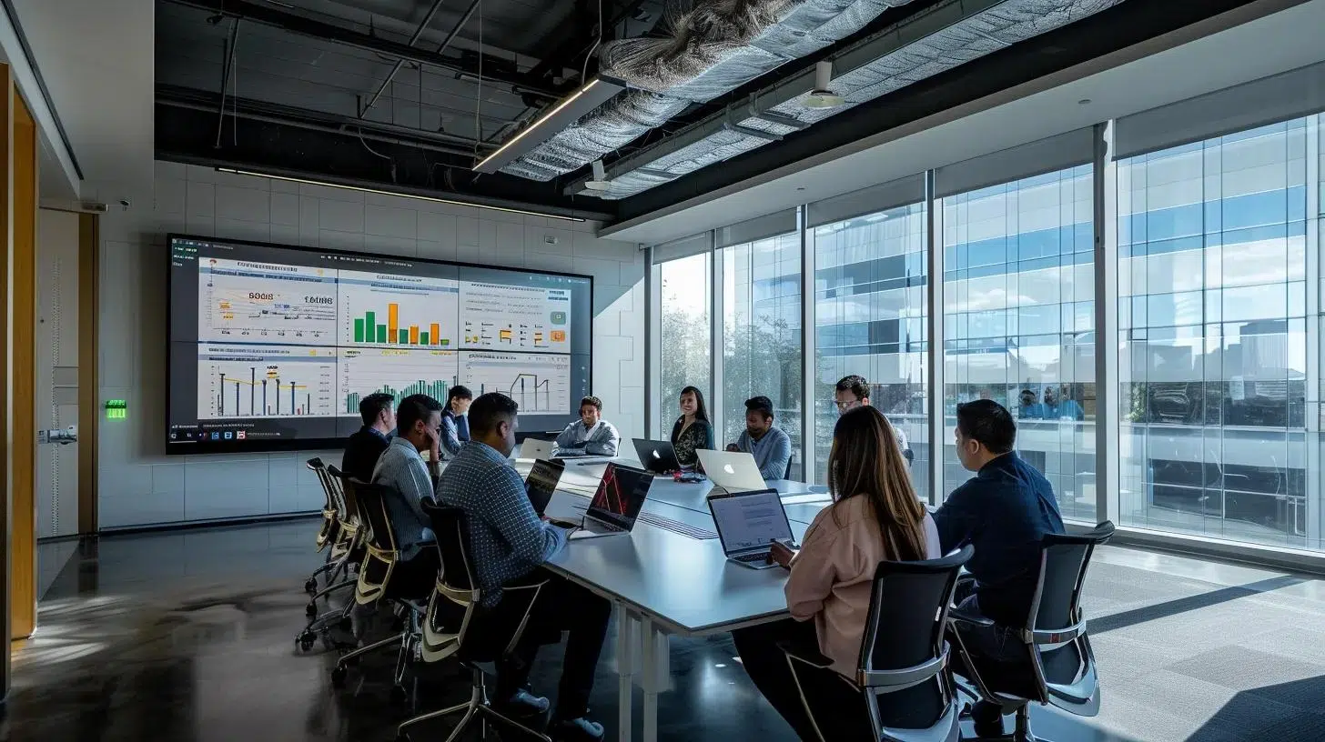a bustling dallas office filled with professionals engaged in a collaborative meeting, surrounded by large screens displaying dynamic financial data and analytics, emphasizing the integration of advanced technology for effective financial clarity. | Cohesion a bustling dallas office filled with professionals engaged in a collaborative meeting, surrounded by large screens displaying dynamic financial data and analytics, emphasizing the integration of advanced technology for effective financial clarity.
