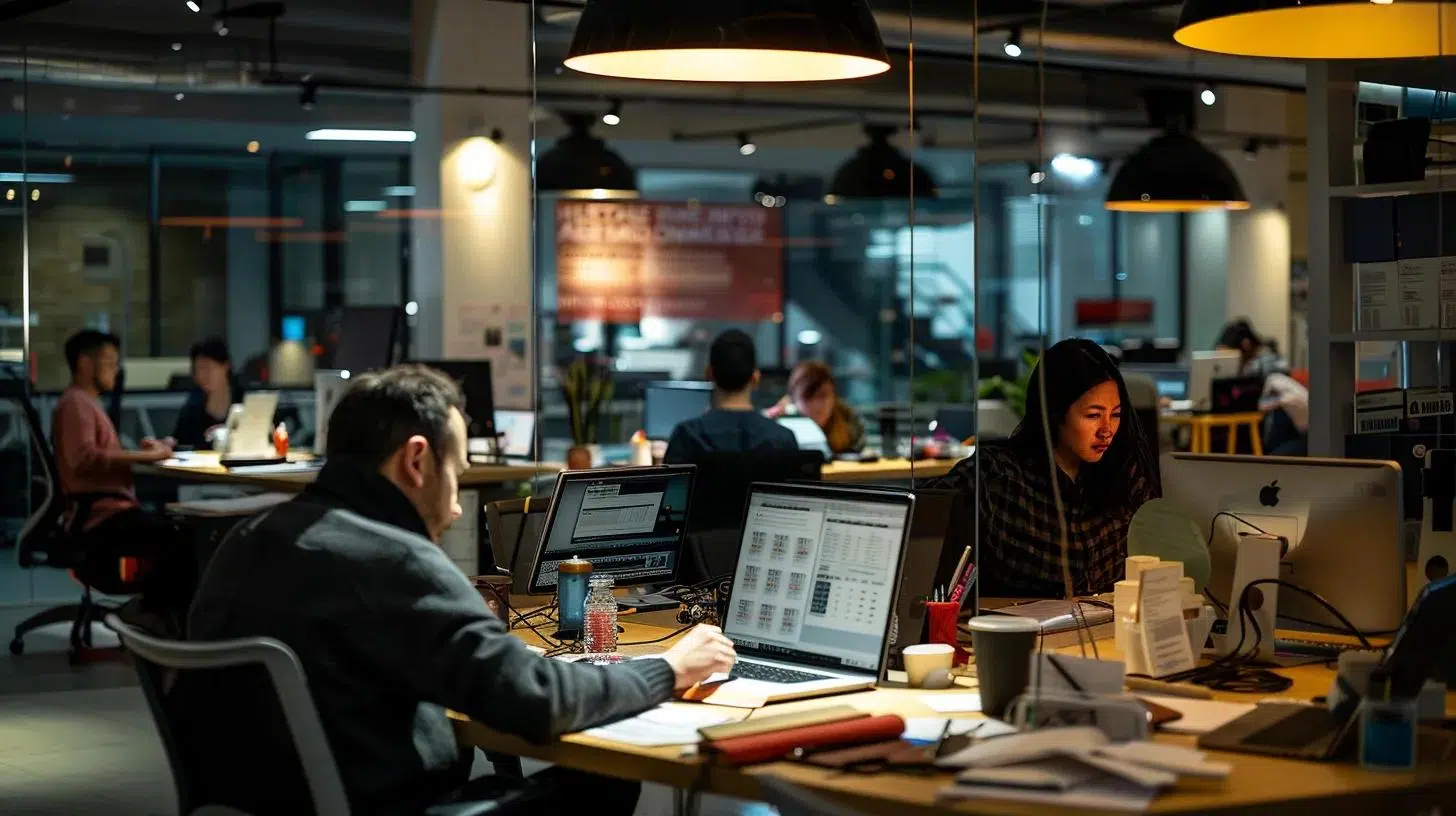 a bustling office environment with entrepreneurs engaged in focused discussions surrounded by tax documents and digital devices, illuminated by sleek overhead lighting, conveying the urgency of impending tax deadlines. | Cohesion a bustling office environment with entrepreneurs engaged in focused discussions surrounded by tax documents and digital devices, illuminated by sleek overhead lighting, conveying the urgency of impending tax deadlines.