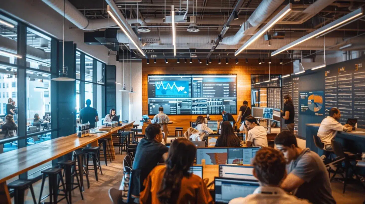 a bustling urban office space in dallas, filled with diverse professionals engaged in a dynamic meeting, surrounded by sleek digital displays and financial charts that emphasize the challenges of scaling finance functions in a startup environment.