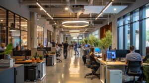 a bustling urban office space in dallas, filled with engaged professionals collaborating over finance strategies, illuminated by dynamic overhead lights and showcasing modern technology solutions on sleek desks.