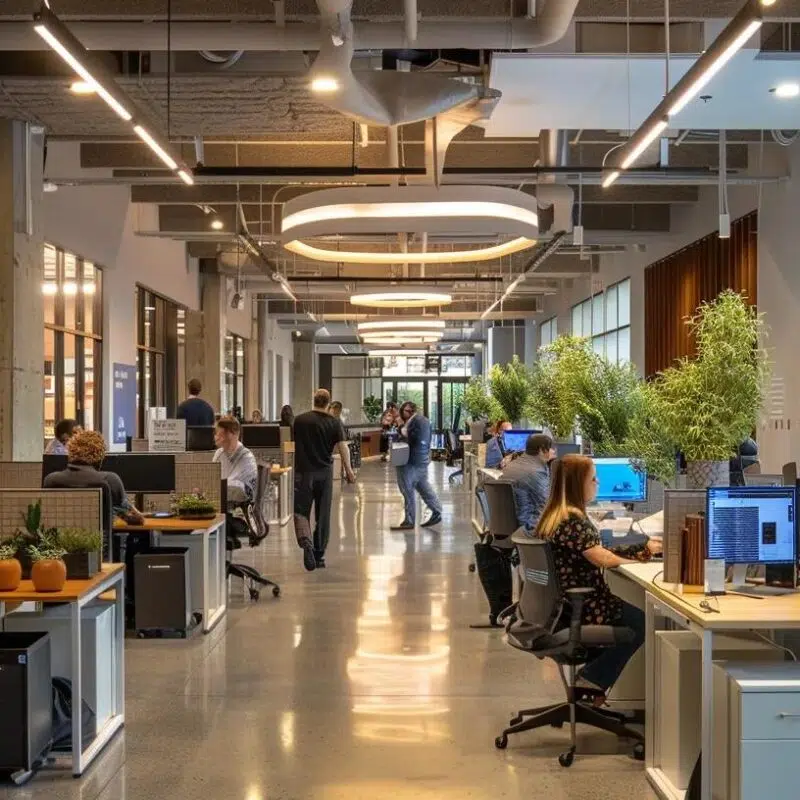 a bustling urban office space in dallas, filled with engaged professionals collaborating over finance strategies, illuminated by dynamic overhead lights and showcasing modern technology solutions on sleek desks.