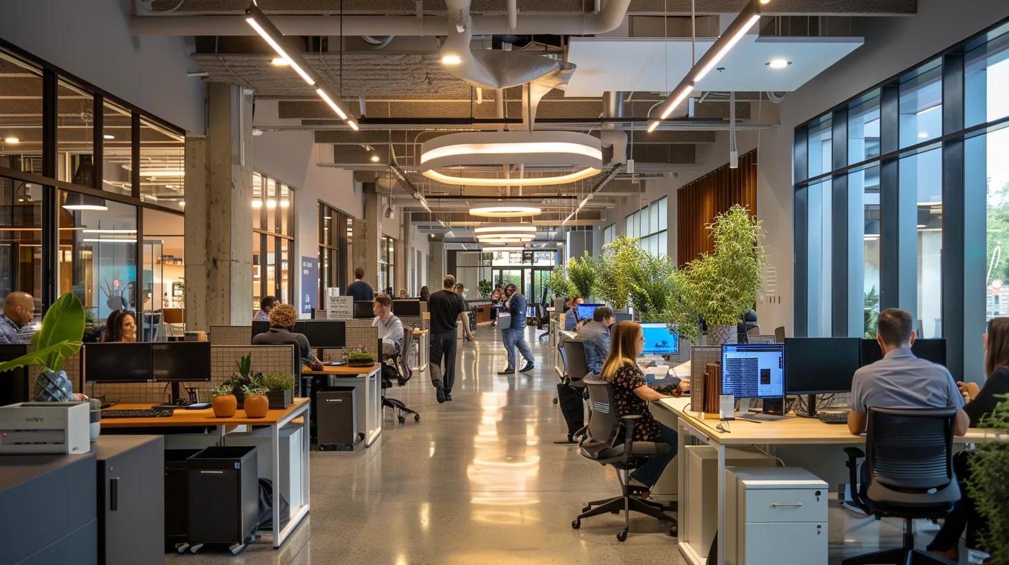 a bustling urban office space in dallas, filled with engaged professionals collaborating over finance strategies, illuminated by dynamic overhead lights and showcasing modern technology solutions on sleek desks.