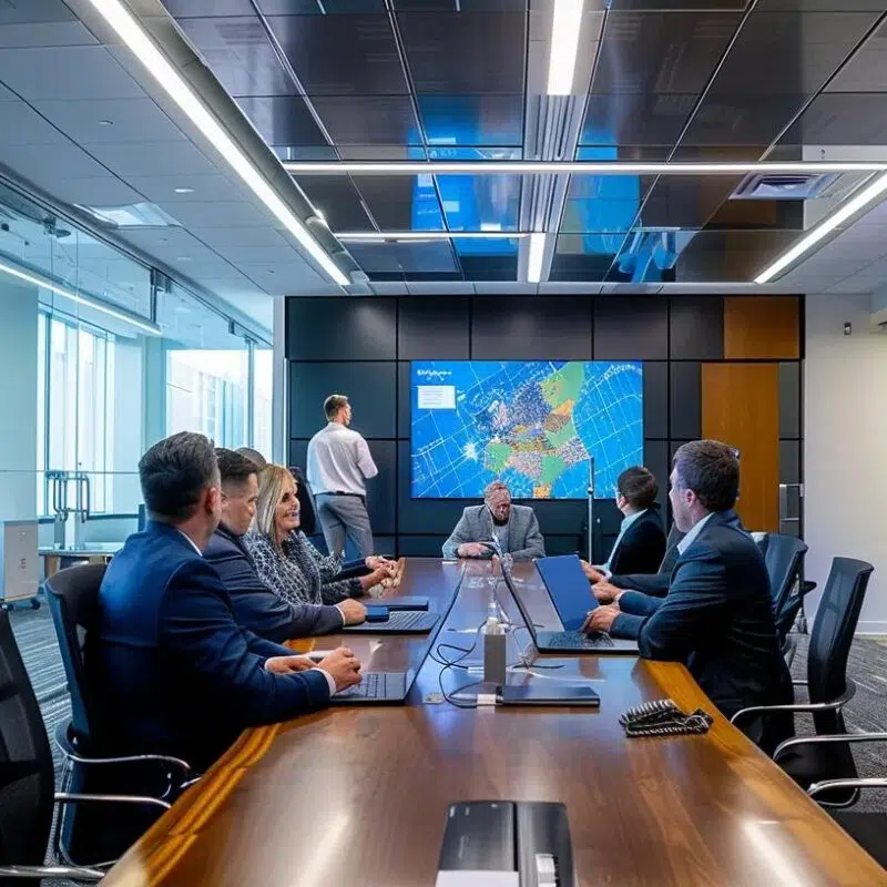 a dynamic office boardroom bustling with executives engaged in a strategic discussion, surrounded by sleek technology displays and modern décor, capturing the essence of cfo insights for health and wellness companies navigating their expansion in plano.
