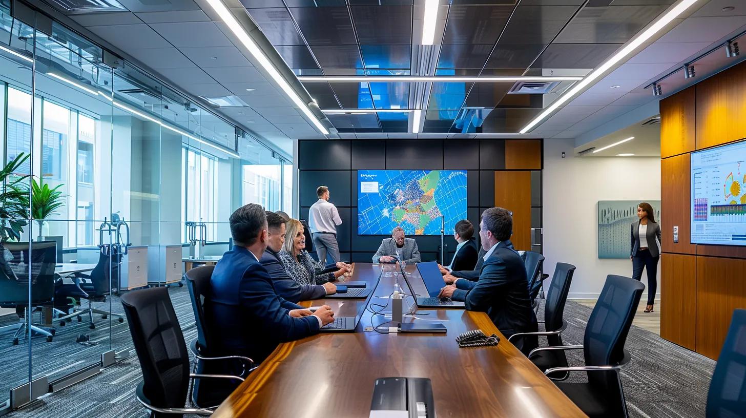 a dynamic office boardroom bustling with executives engaged in a strategic discussion, surrounded by sleek technology displays and modern décor, capturing the essence of cfo insights for health and wellness companies navigating their expansion in plano.