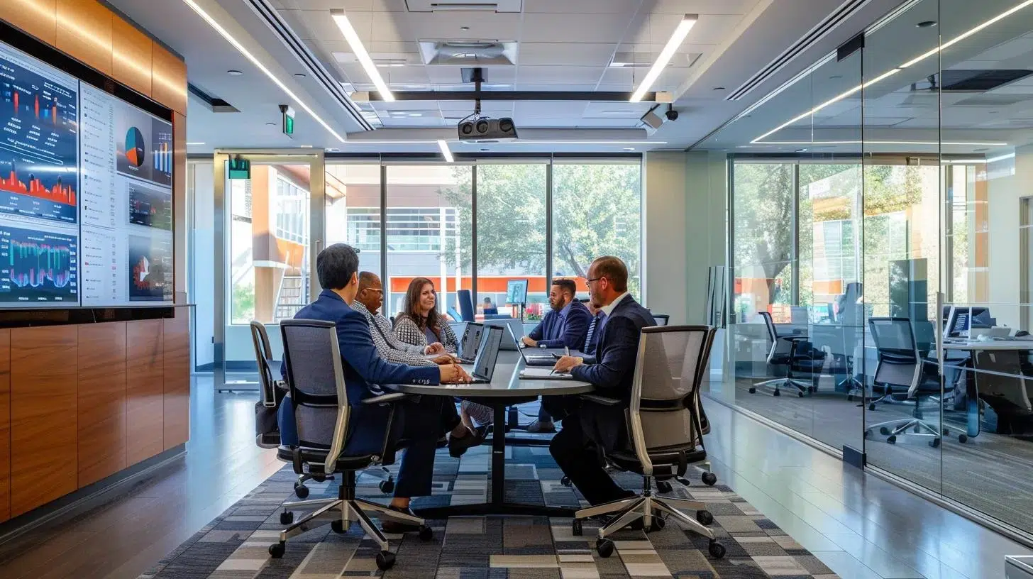 a dynamic office environment in dallas showcases a diverse group of professionals engaged in a strategic meeting, surrounded by financial charts and digital screens that illustrate tailored financial strategies and the pursuit of clarity in business partnerships. | Cohesion a dynamic office environment in dallas showcases a diverse group of professionals engaged in a strategic meeting, surrounded by financial charts and digital screens that illustrate tailored financial strategies and the pursuit of clarity in business partnerships.