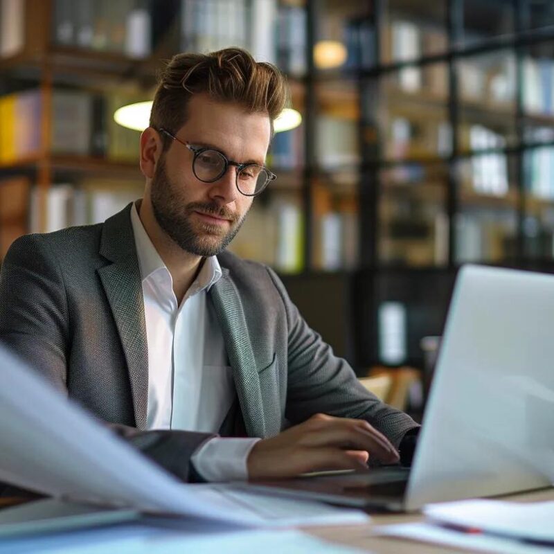 a focused accountant in a modern office, surrounded by organized financial documents and a sleek laptop, illustrates the precision and professionalism that define qualified financial professionals in today's complex economic landscape.