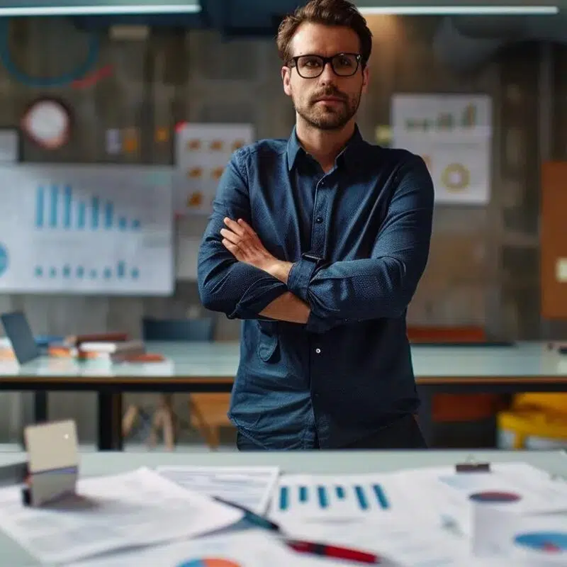 a focused entrepreneur stands confidently at a sleek, modern conference table, surrounded by dynamic graphs and digital presentations, illustrating the contrasting strategies of forecasting and budgeting in a vibrant, tech-savvy office environment.