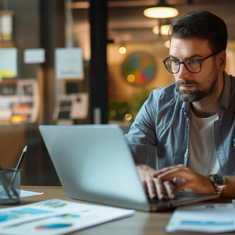 a focused entrepreneur studies detailed financial projections on a sleek laptop in a modern office, surrounded by cutting-edge technology and documents, emphasizing the crucial need for foresight before hiring a cfo.