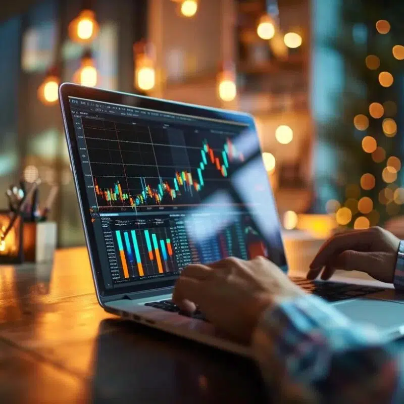 a focused office setting showcasing a confident fractional cfo analyzing financial charts and graphs on a sleek laptop, surrounded by modern business decor and warm ambient lighting, illustrating strategic budgeting and forecasting for business growth.