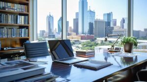 a focused view of a modern dallas office workspace with a sleek laptop displaying tax documents, minimalist decor, and a dynamic city skyline visible through large windows, embodying the theme of entrepreneurship and tax navigation for startups.