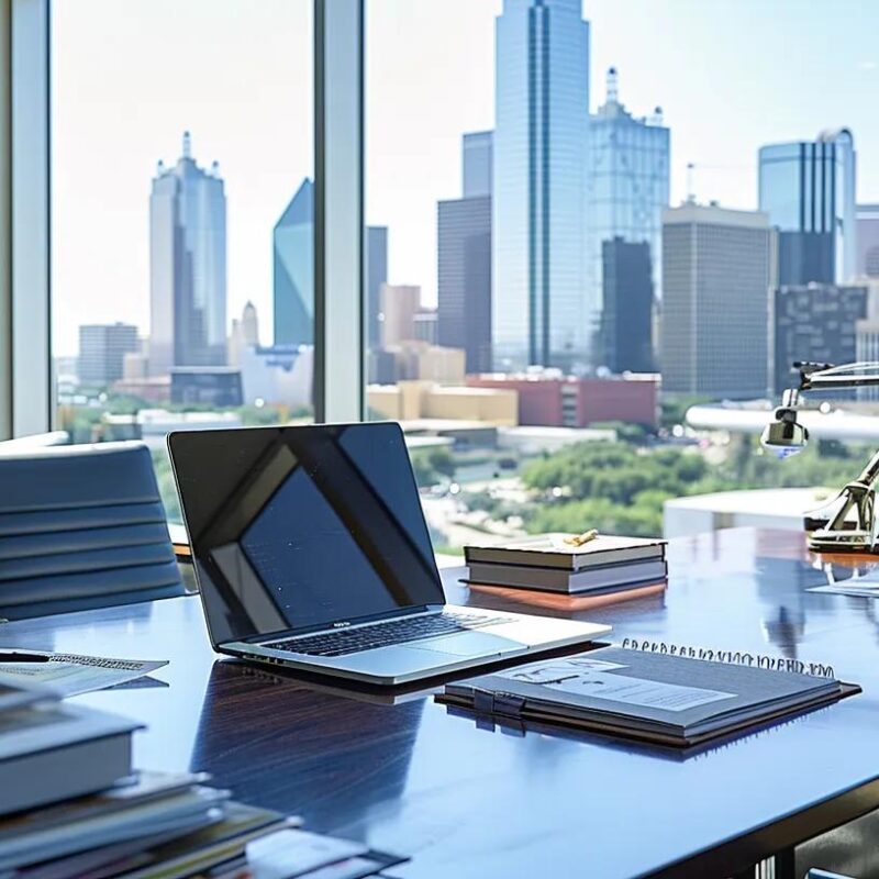 a focused view of a modern dallas office workspace with a sleek laptop displaying tax documents, minimalist decor, and a dynamic city skyline visible through large windows, embodying the theme of entrepreneurship and tax navigation for startups.