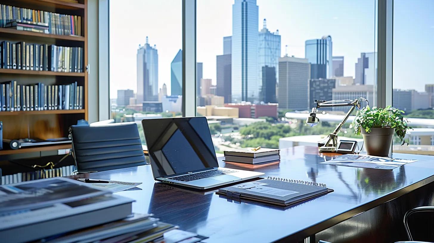 a focused view of a modern dallas office workspace with a sleek laptop displaying tax documents, minimalist decor, and a dynamic city skyline visible through large windows, embodying the theme of entrepreneurship and tax navigation for startups.