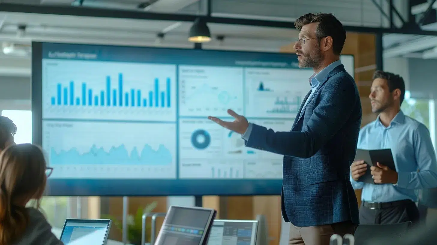 a modern office environment features a confident fractional cfo presenting strategic financial models on a sleek digital screen, showcasing growth-oriented graphs and data to a focused team engaged in decision-making.