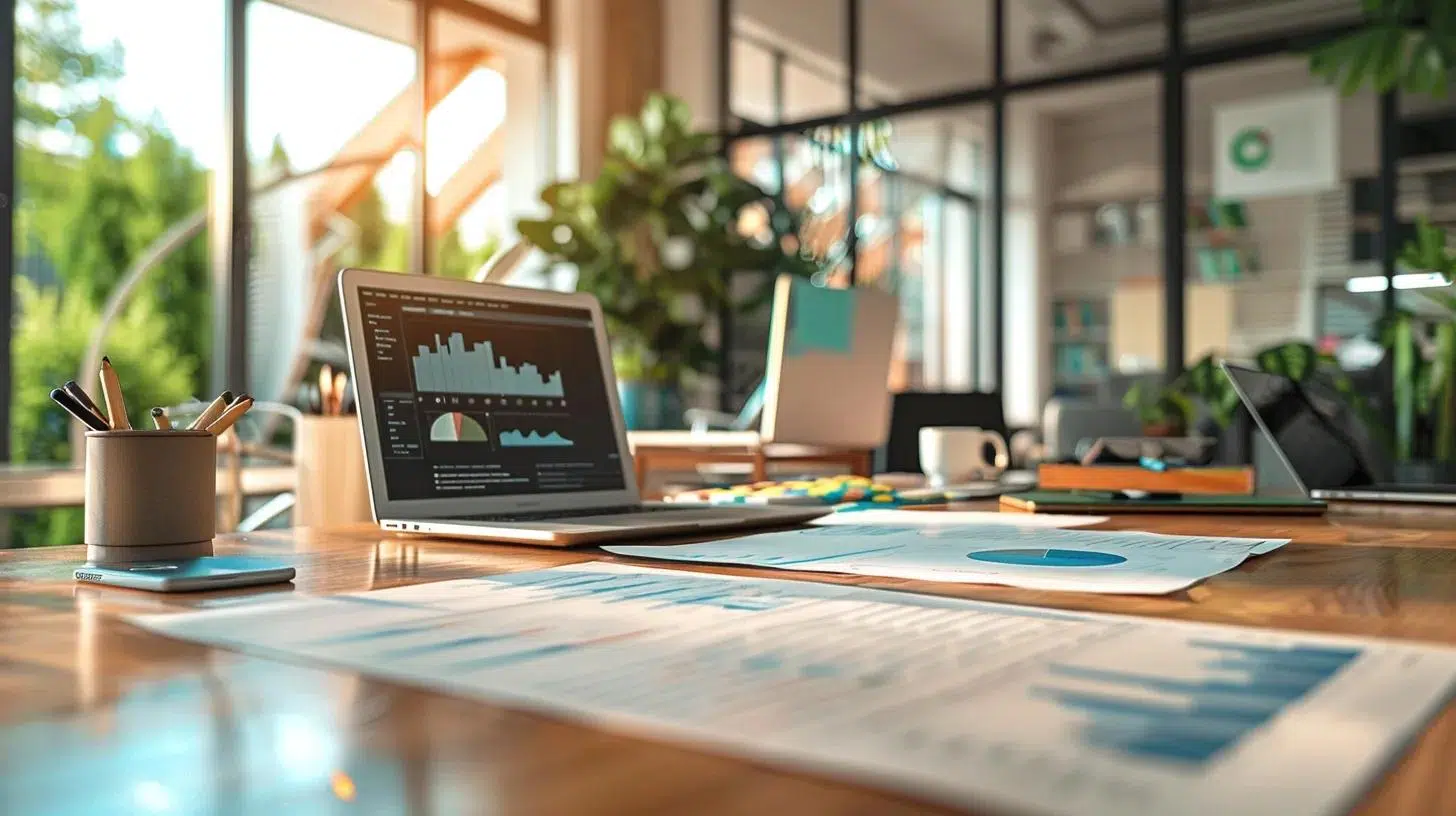 a modern office interior showcases a sleek conference table cluttered with laptops, financial reports, and spreadsheets, highlighting the contrast between forecasting future revenues and budgeting expenses for a startup's financial strategy.