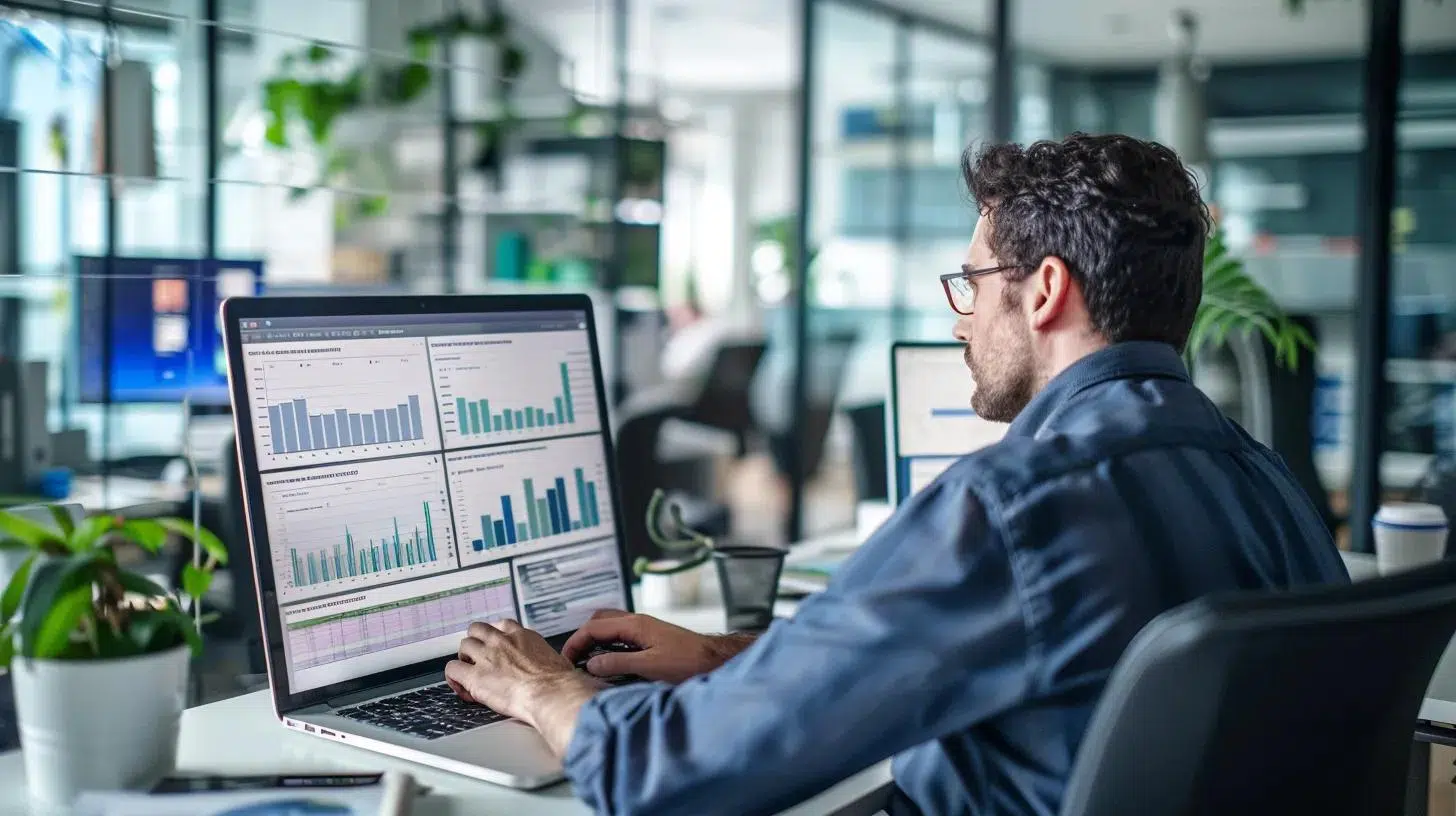 a modern office space bustling with activity, featuring a focused fractional cfo analyzing financial graphs and data on a sleek laptop, surrounded by strategic planning documents and advanced analytics software, illustrating the essence of optimizing sales tax planning and reducing liabilities.
