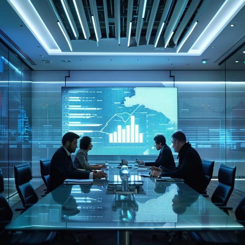a modern office space features a sleek conference table surrounded by professionals engaged in a dynamic discussion, with charts and financial reports projected on a large screen, illustrating solutions to cash flow bottlenecks through fractional support.