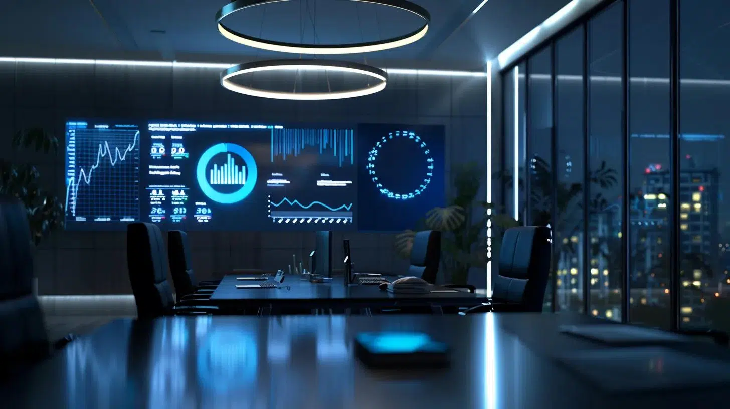 a sharp, modern office space showcases a sophisticated financial dashboard illuminated by crisp led screens, highlighting graphs and metrics that demonstrate the transformative impact of a fractional cfo on financial forecasting and budgeting efficiency.