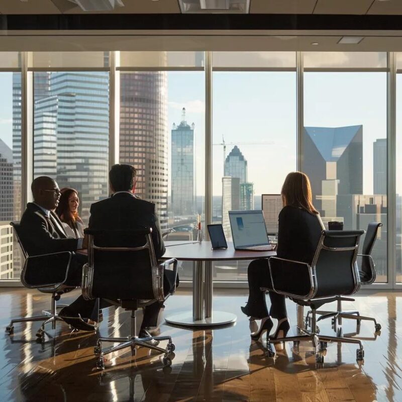 a sleek dallas office environment showcases a diverse team engaged in a dynamic discussion, highlighting the innovative use of fractional controllers in real estate firms with modern technology and professional attire.
