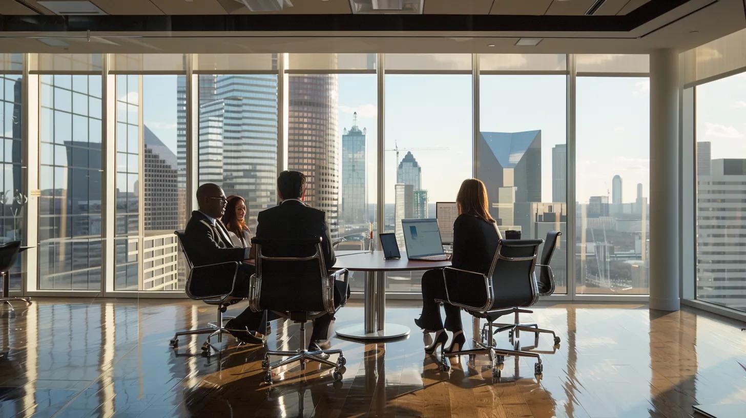 a sleek dallas office environment showcases a diverse team engaged in a dynamic discussion, highlighting the innovative use of fractional controllers in real estate firms with modern technology and professional attire.