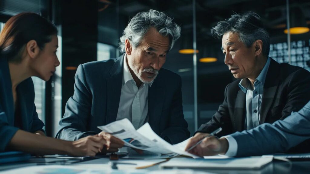 a sleek, modern office setting captures a tense discussion among executives reviewing financial reports, with shadowed expressions reflecting the weight of critical hiring missteps.