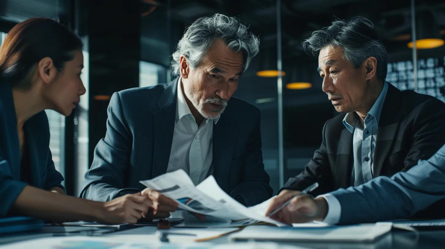 a sleek, modern office setting captures a tense discussion among executives reviewing financial reports, with shadowed expressions reflecting the weight of critical hiring missteps.